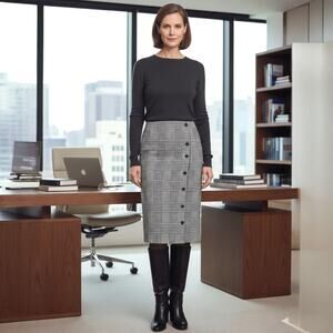 Lauren Ralph Lauren SZ L Black White Glen Plaid Button Pencil Skirt Academia